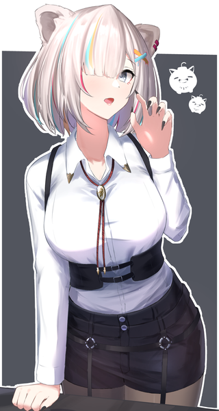 Anime picture 946x1774 with virtual youtuber hololive shishiro botan shishiro botan (3rd costume) nichijo single tall image looking at viewer fringe short hair open mouth animal ears white hair nail polish :d multicolored hair hair over one eye arm support streaked hair official alternate costume