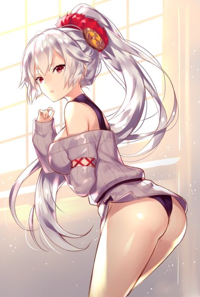 Anime picture 635x942 with fate (series) fate/grand order tomoe gozen (fate) touwa nikuman single long hair tall image looking at viewer fringe light erotic red eyes payot silver hair ass ponytail girl hair ornament window sweater