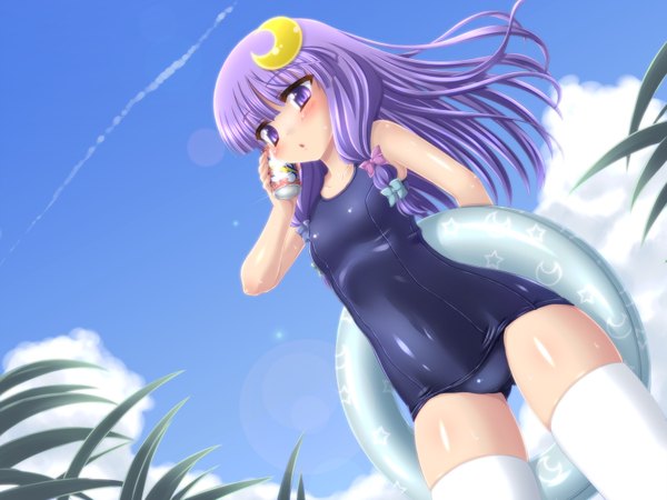 Anime picture 1600x1200 with touhou patchouli knowledge long hair blush light erotic purple eyes sky purple hair cloud (clouds) crescent girl thighhighs swimsuit white thighhighs one-piece swimsuit school swimsuit