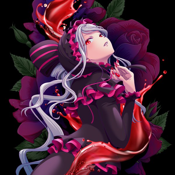 Anime picture 900x900 with overlord (maruyama) madhouse shalltear bloodfallen k-ta single looking at viewer blush fringe simple background hair between eyes red eyes standing payot very long hair nail polish parted lips fingernails grey hair turning head black background