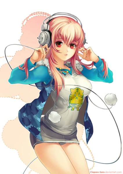 Anime picture 707x1000 with nitroplus super sonico claparo-sans single long hair tall image looking at viewer fringe simple background red eyes white background signed pink hair legs girl skirt miniskirt choker headphones wire (wires)