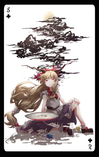 Anime picture 2400x3800 with touhou ibuki suika darjeeling (reley) single tall image highres simple background blonde hair smile red eyes white background sitting full body very long hair horn (horns) sleeveless border looking up low ponytail card (medium)