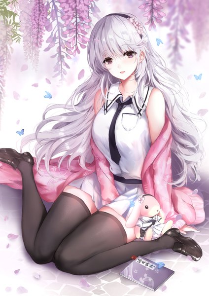 Anime picture 827x1169 with original moe2019 yuuri (mafuyu) mafuyu single long hair tall image looking at viewer blush fringe open mouth simple background hair between eyes white background sitting purple eyes silver hair full body :d pleated skirt