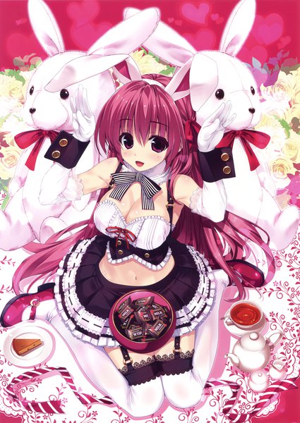 Anime picture 2338x3300 with original eshi 100-nin ten shintarou single tall image looking at viewer blush highres breasts open mouth light erotic large breasts sitting animal ears pink hair cleavage very long hair pink eyes from above scan
