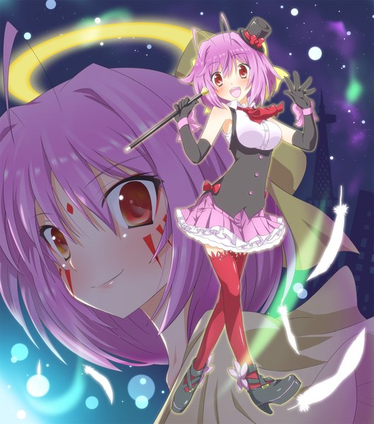 Anime picture 1500x1700 with kami nomi zo shiru sekai nakagawa kanon apollo (kaminomi) yuto (dialique) tall image blush short hair open mouth red eyes multiple girls pink hair girl thighhighs gloves bow 2 girls hat elbow gloves halo feather (feathers)