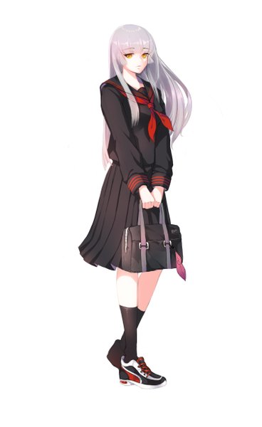 Anime picture 753x1226 with original emyo single long hair tall image looking at viewer fringe simple background standing white background holding yellow eyes silver hair pleated skirt girl skirt uniform school uniform socks serafuku