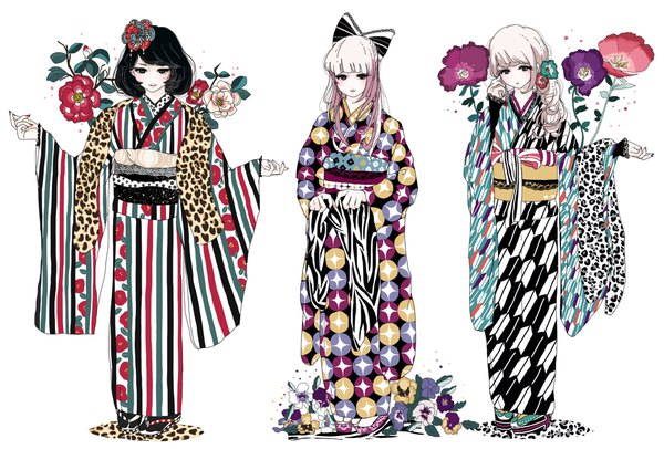 Anime picture 2000x1356 with original mzhbank long hair highres short hair black hair simple background standing white background multiple girls full body white hair ponytail nail polish traditional clothes japanese clothes hair flower black eyes striped yagasuri