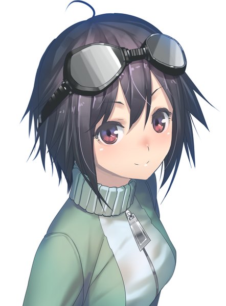 Anime picture 639x867 with original ac (eshi) single tall image looking at viewer blush short hair black hair simple background smile red eyes white background ahoge from above goggles on head girl goggles