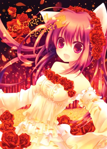 Anime picture 926x1288 with original konno kengo single long hair tall image looking at viewer open mouth simple background smile bare shoulders animal ears pink hair pink eyes hair flower cat ears inscription cat girl girl dress hair ornament