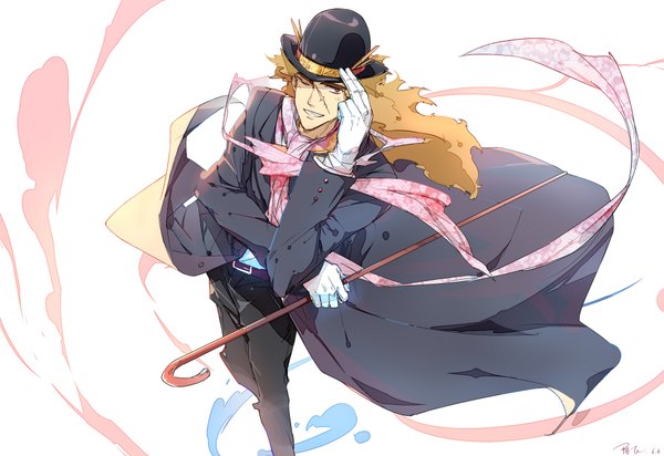 Anime picture 1919x1320 with jojo no kimyou na bouken robert eo speedwagon linjie single long hair looking at viewer highres blonde hair smile brown eyes signed one eye closed wind wink looking up scar boy gloves hat neckerchief