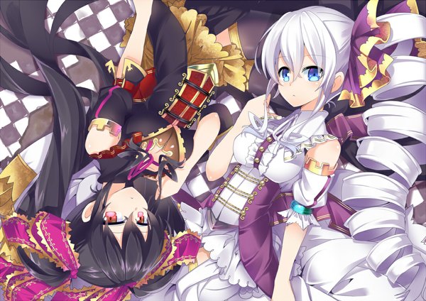 Anime picture 1084x767 with original nyori looking at viewer blue eyes black hair red eyes twintails multiple girls white hair very long hair side ponytail drill hair checkered girl dress hair ornament 2 girls detached sleeves frills sash