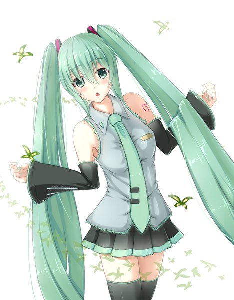 Anime picture 2500x3200 with vocaloid hatsune miku centon (736023681) single tall image looking at viewer blush highres open mouth twintails bare shoulders very long hair aqua eyes aqua hair girl thighhighs skirt flower (flowers) black thighhighs detached sleeves
