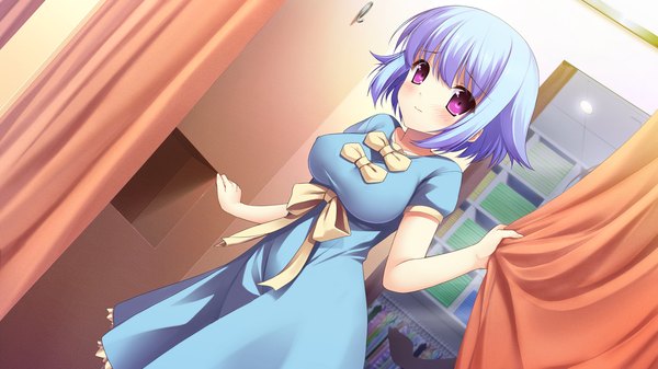 Anime picture 1280x720 with chuning lover eru alfred koso single blush short hair wide image purple eyes blue hair game cg girl dress bow