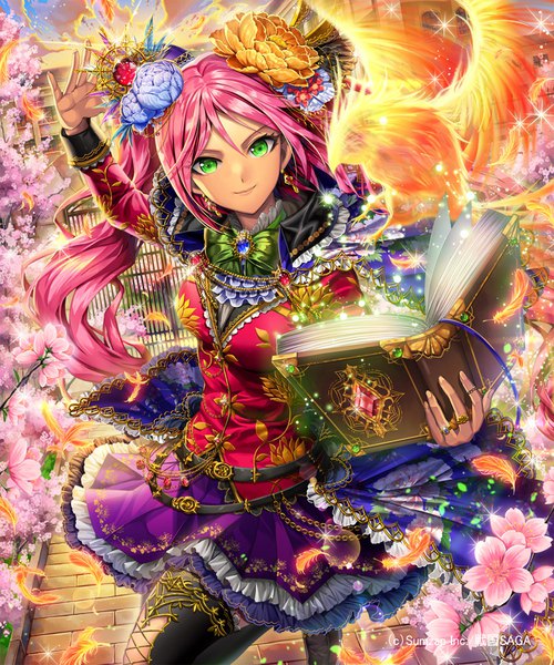 Anime picture 833x1000 with sengoku saga ells (ellsat) single long hair tall image looking at viewer fringe hair between eyes standing twintails holding green eyes pink hair sky cloud (clouds) outdoors arm up hair flower light smile sparkle