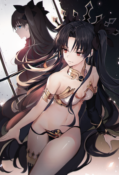 Anime picture 1000x1463 with fate (series) fate/grand order toosaka rin ishtar (fate) unity (ekvmsp02) long hair tall image looking at viewer fringe breasts blue eyes light erotic black hair hair between eyes red eyes standing bare shoulders multiple girls payot looking away