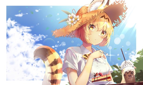 Anime picture 3700x2200 with kemono friends serval (kemono friends) animal ears (artist) single looking at viewer blush fringe highres short hair blonde hair hair between eyes wide image holding animal ears yellow eyes absurdres sky cloud (clouds) upper body outdoors