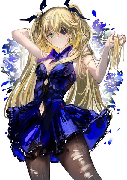 Anime-Bild 2896x4096 mit genshin impact fischl (genshin impact) nanaponi single long hair tall image looking at viewer fringe highres simple background blonde hair hair between eyes standing green eyes arms up two side up alternate costume arm behind head holding hair torn pantyhose