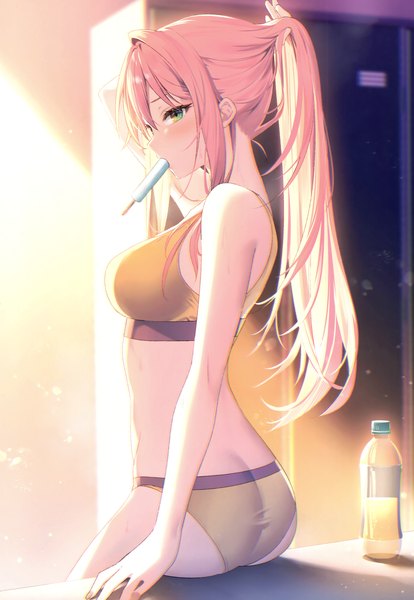 Anime picture 2405x3485 with original riichu single long hair tall image fringe highres breasts light erotic hair between eyes standing holding green eyes payot looking away pink hair ass ponytail arm up sunlight