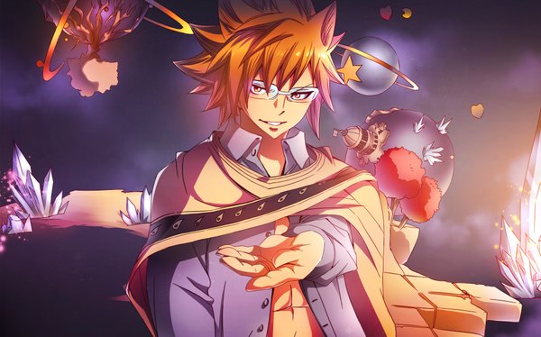 Anime picture 1980x1237 with fairy tail loke kristallin-f (artist) single highres short hair smile wide image animal ears sky cloud (clouds) orange hair open clothes orange eyes open shirt muscle boy shirt glasses cloak