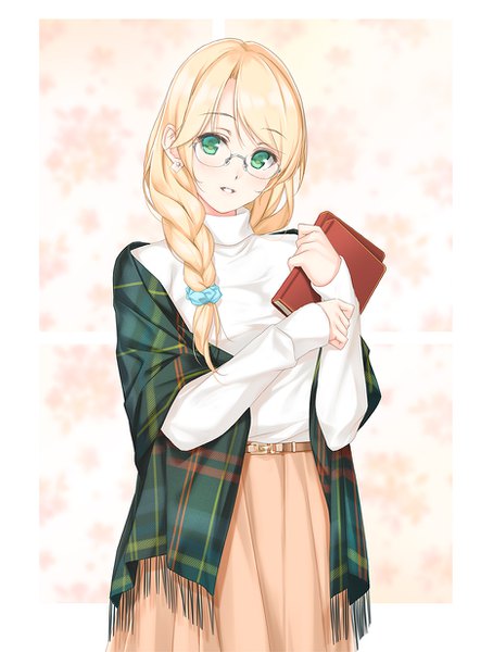 Anime picture 933x1232 with original n69 single long hair tall image looking at viewer blush fringe blonde hair simple background standing holding green eyes braid (braids) parted lips border plaid girl skirt earrings