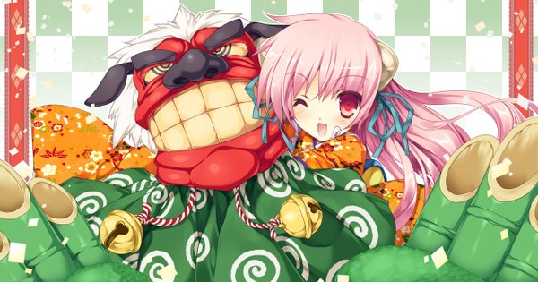 Anime picture 1260x662 with original shimesaba kohada single long hair blush open mouth red eyes wide image pink hair one eye closed wink new year checkered background girl ribbon (ribbons) hair ribbon bell confetti kadomatsu