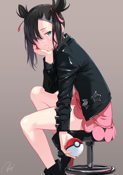 Anime picture 1210x1720 with pokemon pokemon (game) pokemon swsh nintendo marnie (pokemon) re lucy single tall image blush fringe short hair black hair simple background sitting twintails green eyes signed looking away hair over one eye open jacket