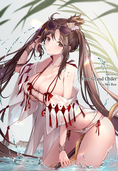 Anime picture 1500x2167 with fate (series) fate/grand order yu mei-ren (fate) yu miaoyi (swimsuit lancer) melailai single tall image looking at viewer blush fringe breasts light erotic standing twintails holding signed payot ahoge very long hair nail polish