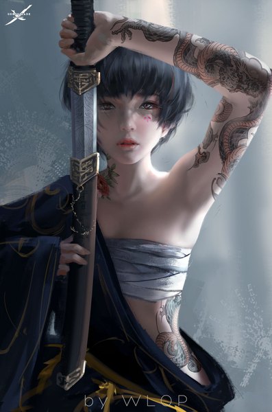 Anime picture 1234x1862 with ghost blade jade (ghost blade) wlop single tall image looking at viewer blush fringe short hair breasts light erotic black hair hair between eyes brown eyes signed upper body traditional clothes parted lips arm up lips