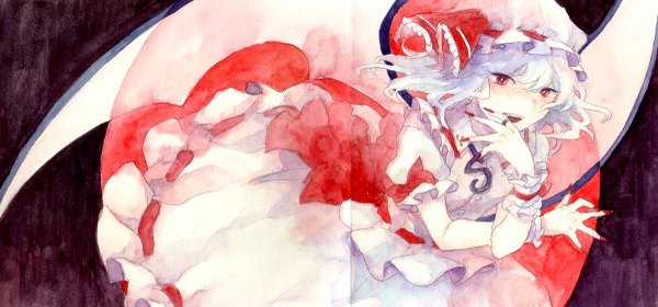 Anime picture 1200x561 with touhou remilia scarlet nayuko single short hair open mouth red eyes wide image white hair nail polish red nail polish traditional media watercolor (medium) girl dress wings bonnet