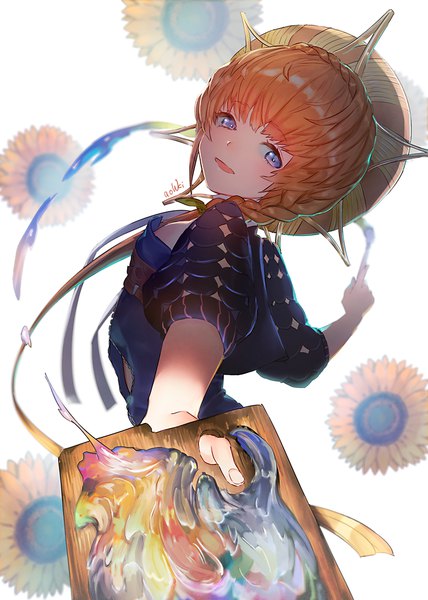 Anime picture 744x1044 with fate (series) fate/grand order van gogh (fate) aohki mimei single long hair tall image looking at viewer fringe open mouth blue eyes white background signed braid (braids) :d orange hair single braid girl flower (flowers) hat