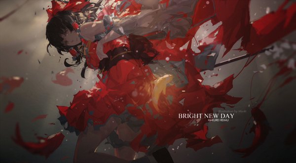 Anime picture 1632x900 with touhou hakurei reimu mivit single long hair looking at viewer black hair wide image bare shoulders brown eyes signed light smile character names text torn clothes underwater english girl dress hair ornament
