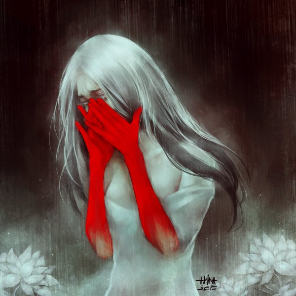 Anime picture 1200x1200 with original nanfe single long hair bare shoulders signed cleavage silver hair realistic dated rain pale skin covering crying silver eyes 2015 covering face girl dress flower (flowers)