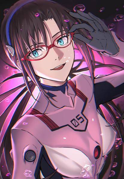 Anime picture 1447x2097 with neon genesis evangelion rebuild of evangelion gainax makinami mari illustrious acchom zatta single long hair tall image blue eyes brown hair twintails upper body from above low twintails adjusting glasses girl glasses bodysuit bubble (bubbles) pilot suit
