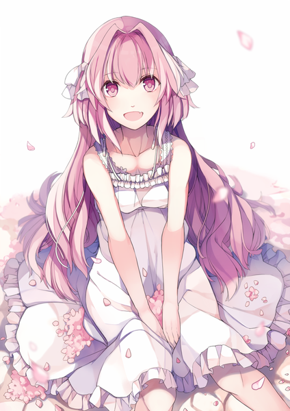 Anime-Bild 848x1200 mit fate (series) fate/apocrypha astolfo (fate) hiyunagi single long hair tall image looking at viewer blush fringe open mouth hair between eyes white background sitting bare shoulders pink hair pink eyes multicolored hair from above two-tone hair
