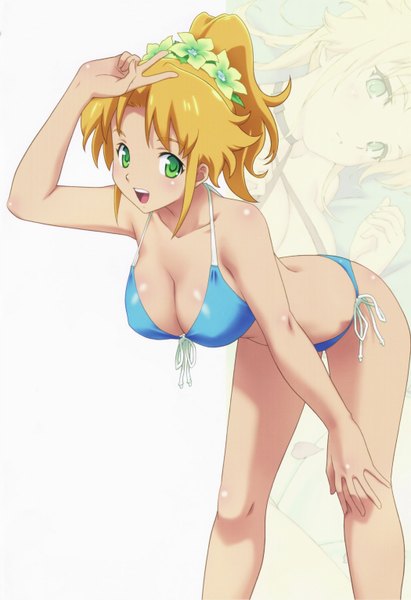 Anime picture 2100x3065 with minisuka police single tall image highres short hair open mouth light erotic blonde hair green eyes hair flower victory girl hair ornament swimsuit bikini