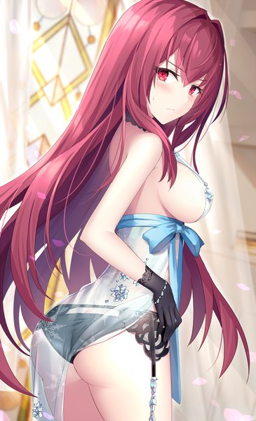 Anime picture 747x1227 with fate (series) fate/grand order artoria pendragon (all) scathach (fate) (all) scathach (fate) artoria pendragon (lancer alter) rin yuu single long hair tall image looking at viewer blush fringe breasts light erotic hair between eyes red eyes large breasts standing purple hair