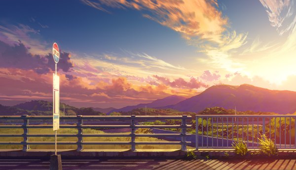 Anime picture 1532x884 with original bozu (ogiyama) wide image sky cloud (clouds) evening sunset mountain no people landscape river plant (plants) grass bus stop