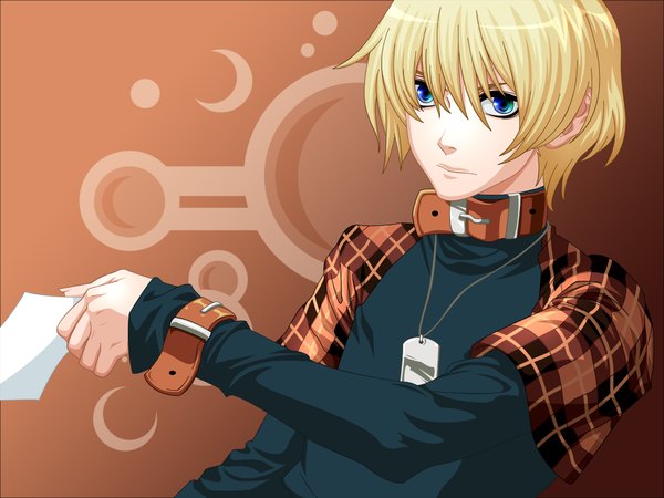 Anime picture 2000x1500 with togainu no chi nitro+chiral rin (tnc) morrow single highres short hair blue eyes blonde hair simple background vector multicolored eyes plaid boy collar paper dog tags