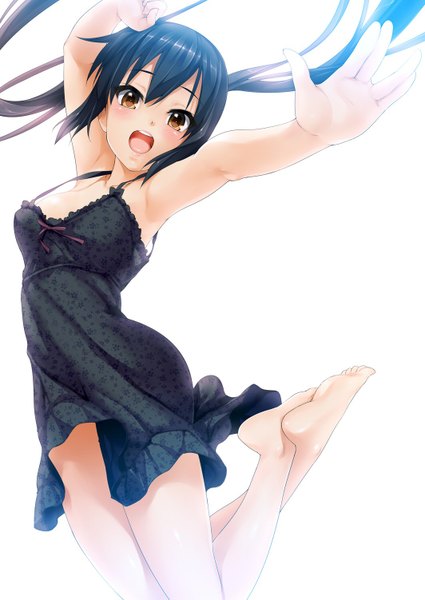 Anime picture 1064x1501 with k-on! kyoto animation nakano azusa men'youjan single long hair tall image looking at viewer blush breasts open mouth light erotic black hair simple background white background twintails brown eyes arms up bare legs crossed legs