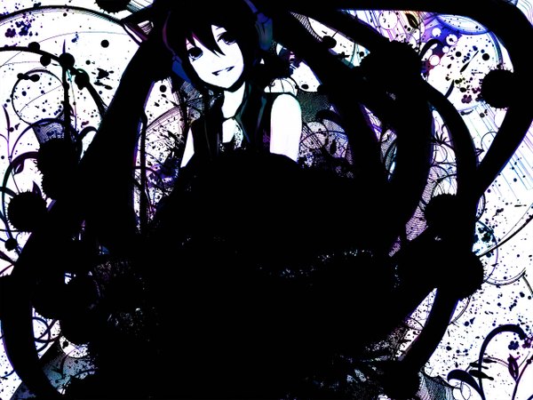 Anime picture 1280x960 with vocaloid hatsune miku meola single long hair black hair smile twintails bare shoulders very long hair black eyes girl
