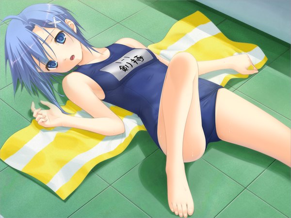 Anime picture 1024x768 with fluorite memories short hair blue eyes light erotic blue hair game cg lying girl swimsuit towel