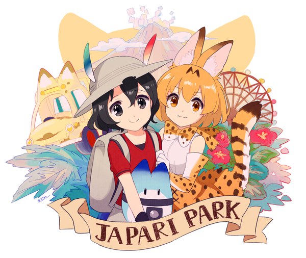 Anime picture 1000x844 with kemono friends serval (kemono friends) kaban (kemono friends) lucky beast (kemono friends) kise (swimmt) looking at viewer fringe short hair black hair blonde hair hair between eyes multiple girls brown eyes animal ears tail animal tail black eyes inscription :3 animal print