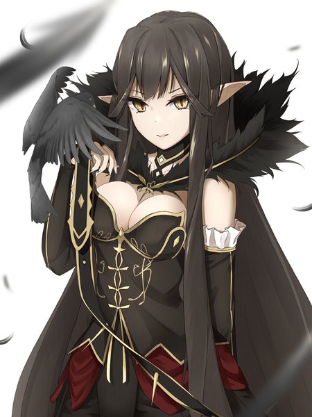 Anime picture 1500x2000 with fate (series) fate/apocrypha semiramis (fate) oriuo q single tall image looking at viewer fringe breasts light erotic black hair simple background smile large breasts standing white background yellow eyes payot very long hair parted lips