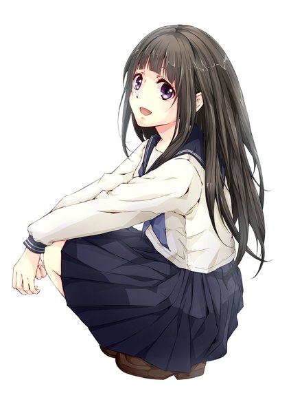 Anime picture 2893x4092 with hyouka kyoto animation chitanda eru supergirl625 long hair tall image highres open mouth black hair simple background white background purple eyes girl skirt serafuku