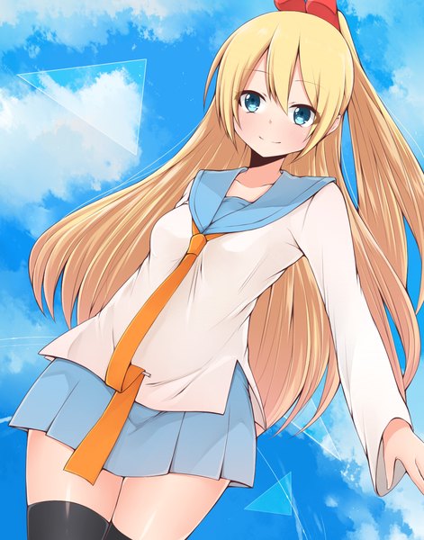 Anime picture 1100x1400 with nisekoi shaft (studio) kirisaki chitoge akky (akimi1127) single long hair tall image looking at viewer blush fringe breasts blonde hair smile blue hair sky cloud (clouds) pleated skirt from below zettai ryouiki half updo