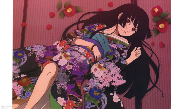 Anime picture 4995x3191 with hell girl studio deen enma ai single long hair looking at viewer highres black hair red eyes bare shoulders absurdres lying traditional clothes japanese clothes scan floral print girl flower (flowers) petals bracelet