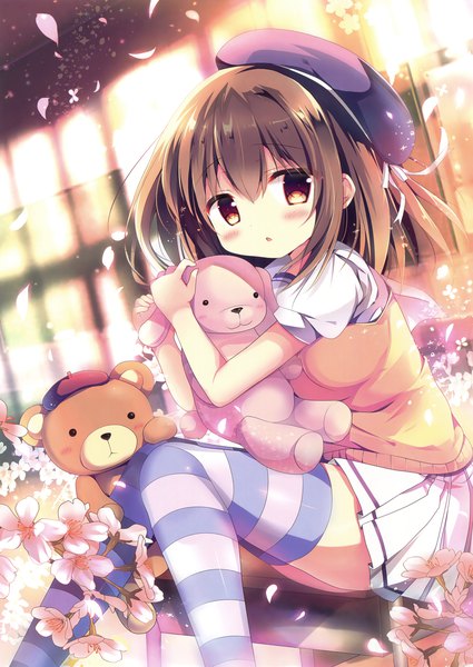 Anime picture 2335x3300 with original eshi 100-nin ten azumi kazuki single tall image looking at viewer blush fringe highres short hair hair between eyes brown hair sitting brown eyes scan loli cherry blossoms girl thighhighs skirt