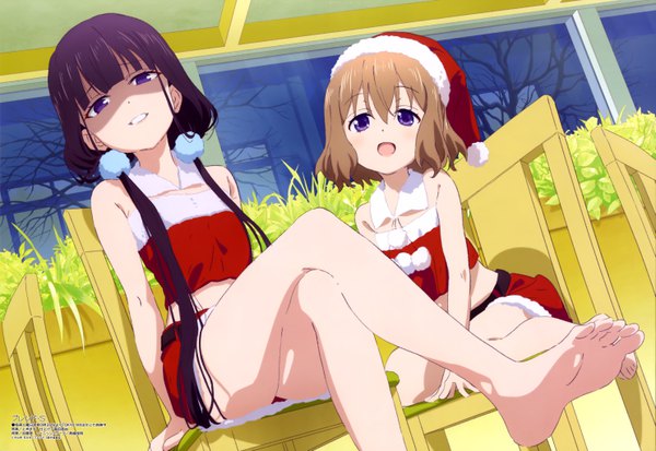 Anime picture 5931x4085 with blend s a-1 pictures megami magazine sakuranomiya maika hoshikawa mafuyu umemoto machi long hair looking at viewer fringe highres short hair open mouth light erotic smile hair between eyes brown hair sitting purple eyes twintails bare shoulders