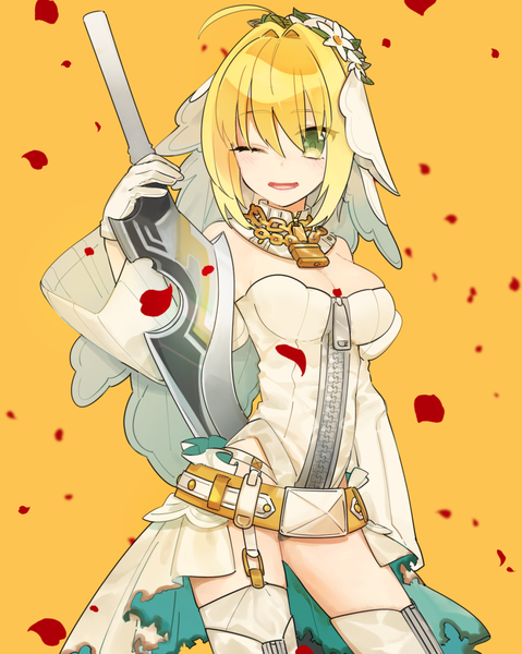 Anime picture 1197x1500 with fate (series) fate/extra fate/extra ccc nero claudius (fate) (all) nero claudius (bride) (fate) aikanm single tall image looking at viewer fringe short hair breasts open mouth light erotic blonde hair hair between eyes green eyes cleavage ahoge one eye closed