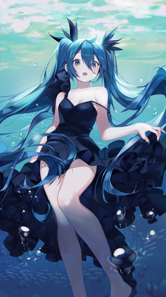 Anime picture 1000x1791 with vocaloid shinkai shoujo (vocaloid) hatsune miku buri (retty9349) single tall image looking at viewer blush fringe breasts open mouth blue eyes simple background hair between eyes twintails bare shoulders payot blue hair cleavage ahoge